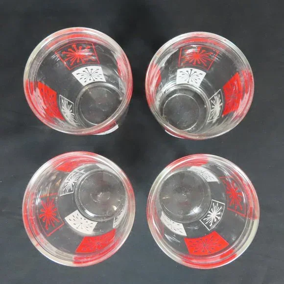 Set of 4 Vintage McM Starburst Hazel Atlas Red and White Design Drinking Glasses - Picture 3 of 12
